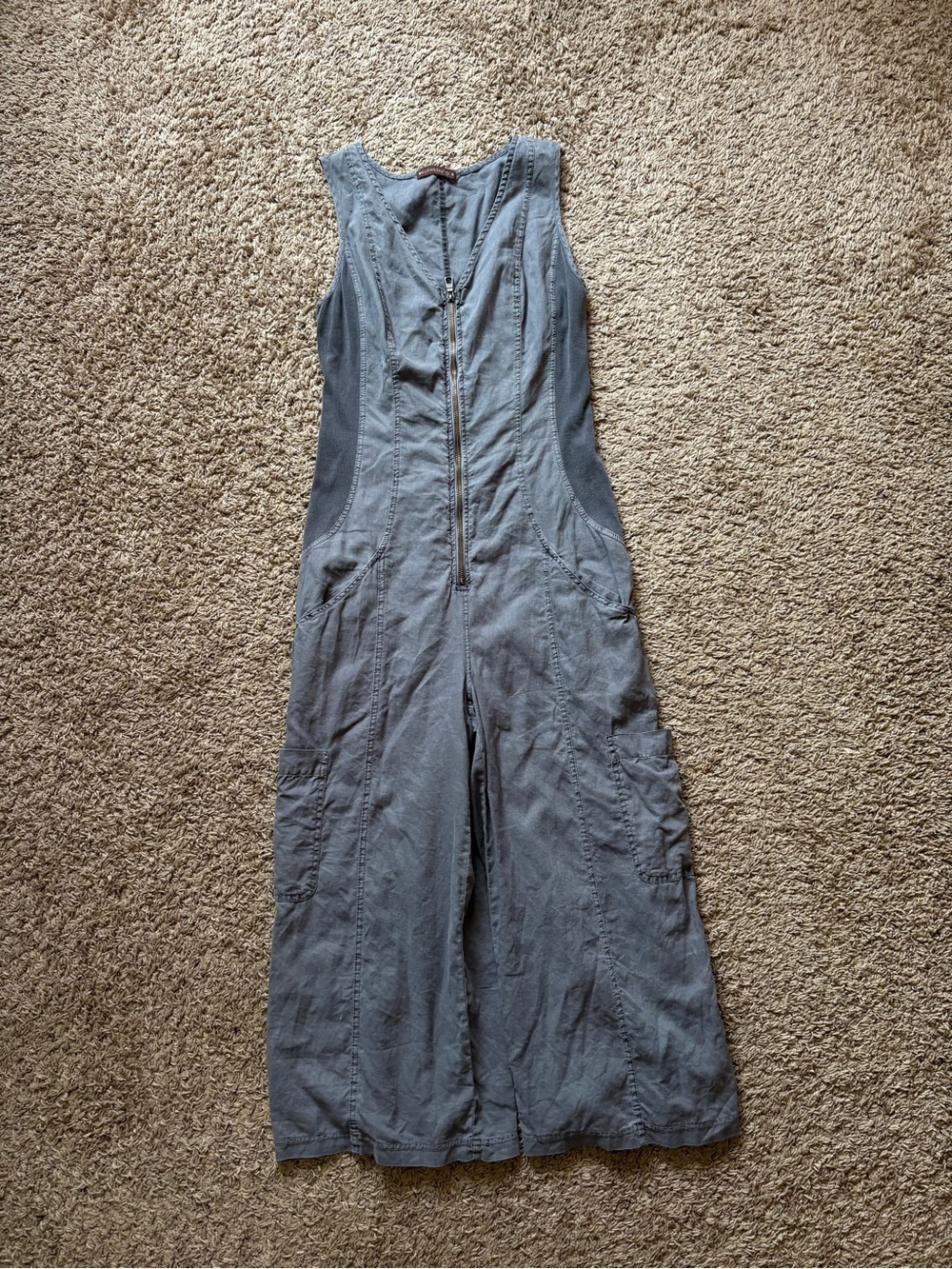 Wearables Sleeveless Linen Cotton Jumpsuit Zipper Up Front Gray Pockets Sz M